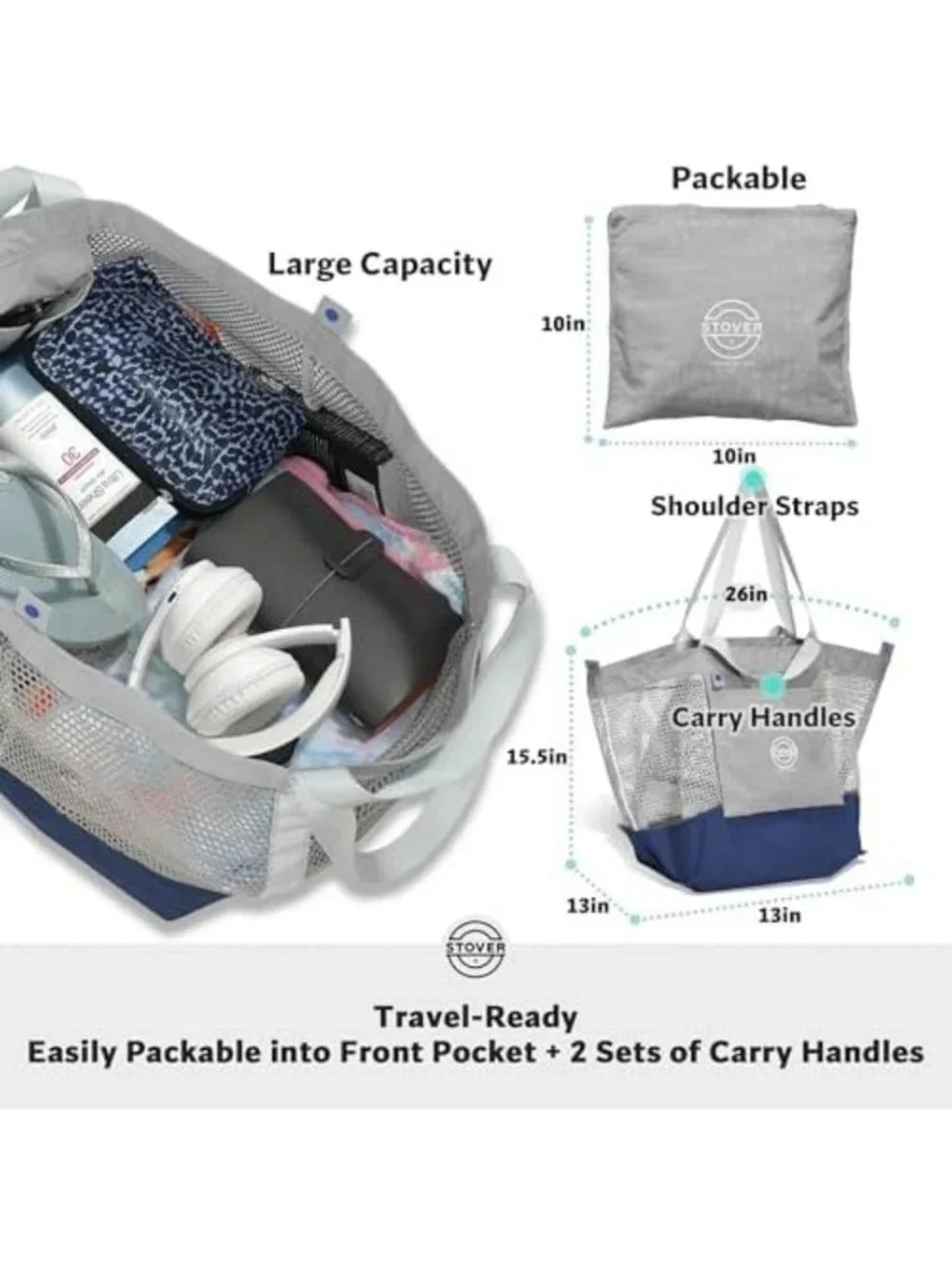 Large Mesh Beach Tote Bag - Foldable Travel, Pool, Shopping, Vacation Bag with